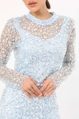 Uzun Kollu Payetli Abiye Elbise Mavi 46