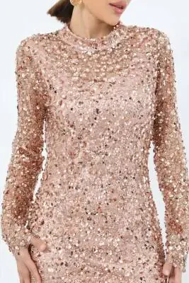 Uzun Kollu Payetli Abiye Elbise Mavi 44