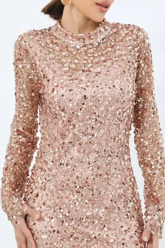 Uzun Kollu Payetli Abiye Elbise Mavi 44 - 1